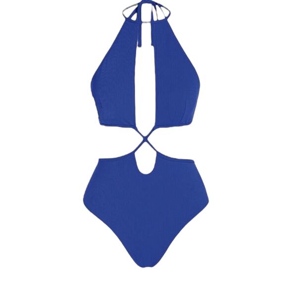MONOBIKINI SWIMSUIT SZ S Women’s Sexy Criss Cross Ribbed Cut Out Blue - Picture 6 of 8